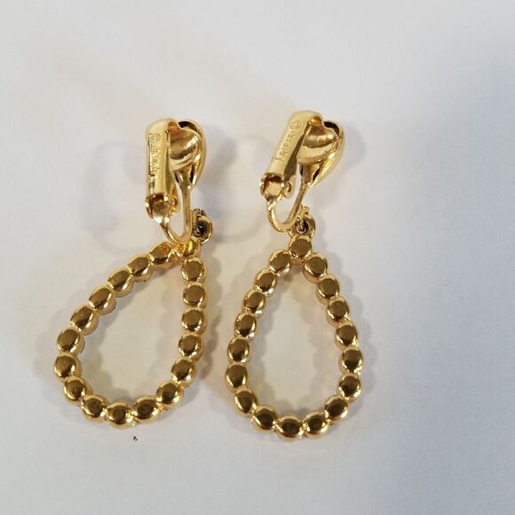 Crown Trifari Signed Vintage Clip On Rhinestone Dangle Teardrop Earrings - Picture 3 of 5